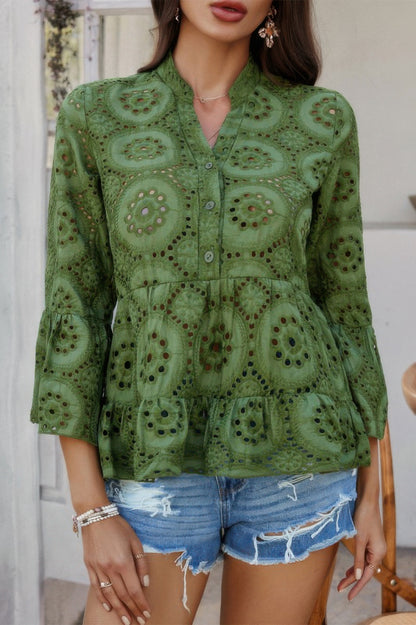 Solid Half Button Flounce Sleeve Peplum Blouse in Army Green - Solid Half Shirt For Men (top)