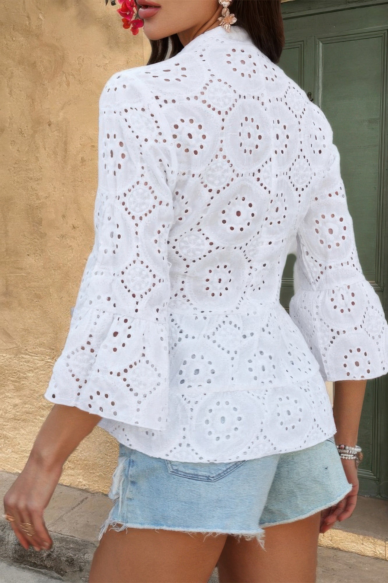 Solid Half Button Flounce Sleeve Peplum Blouse in Fluorescent Yellow view 11 - Solid Half Shirt For Men (top)