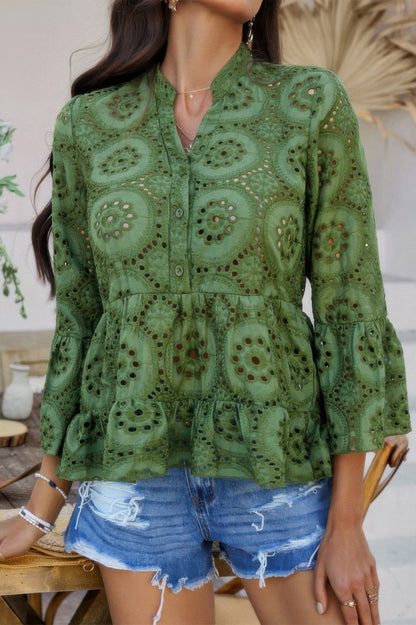 Solid Half Button Flounce Sleeve Peplum Blouse in Army Green view 2 - Solid Half Shirt For Men (top)