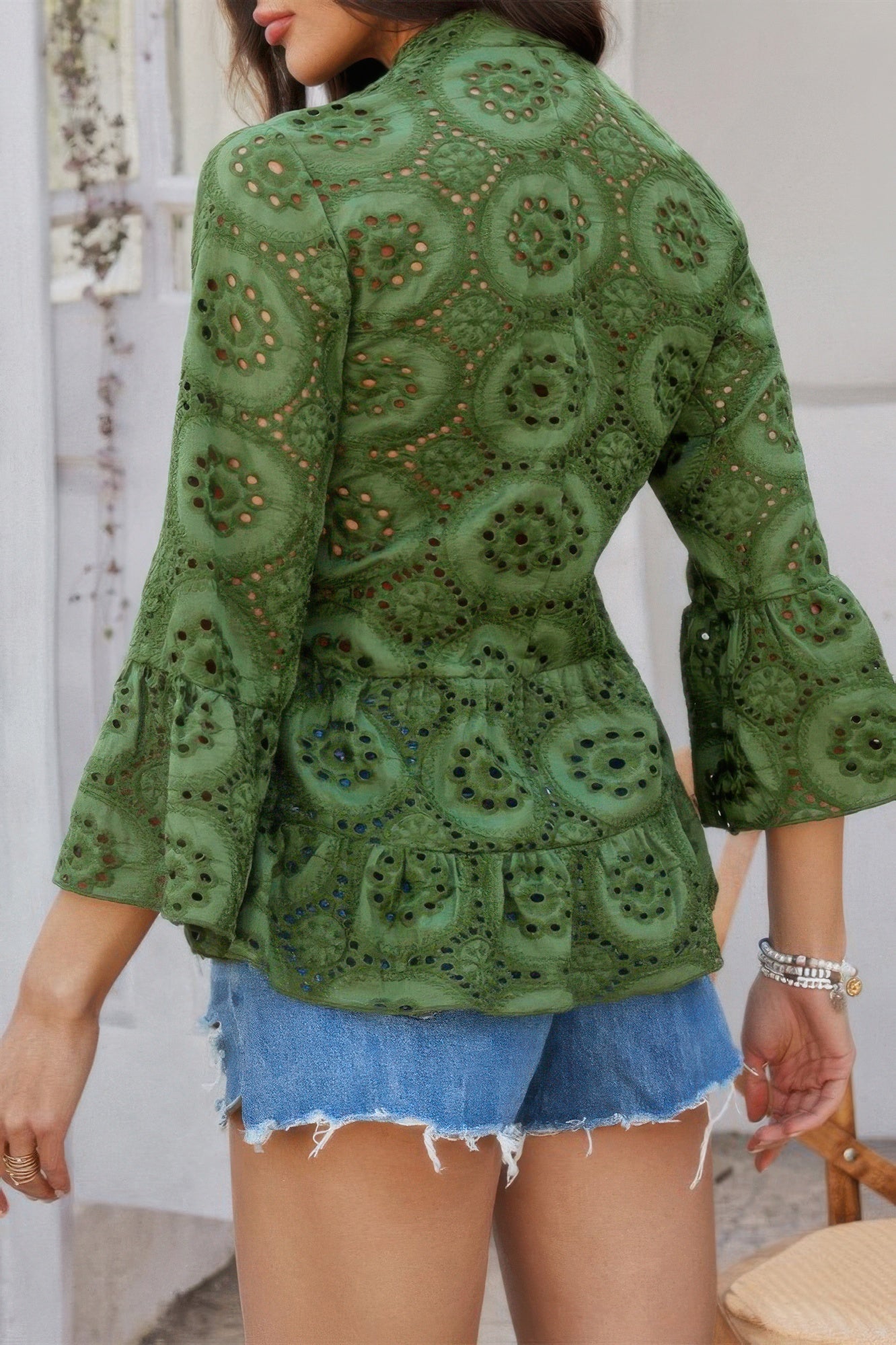 Solid Half Button Flounce Sleeve Peplum Blouse in Army Green view 3 - Solid Half Shirt For Men (top)
