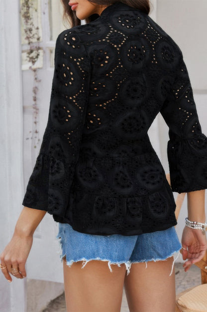 Solid Half Button Flounce Sleeve Peplum Blouse in Black view 6 - Solid Half Shirt For Men (top)