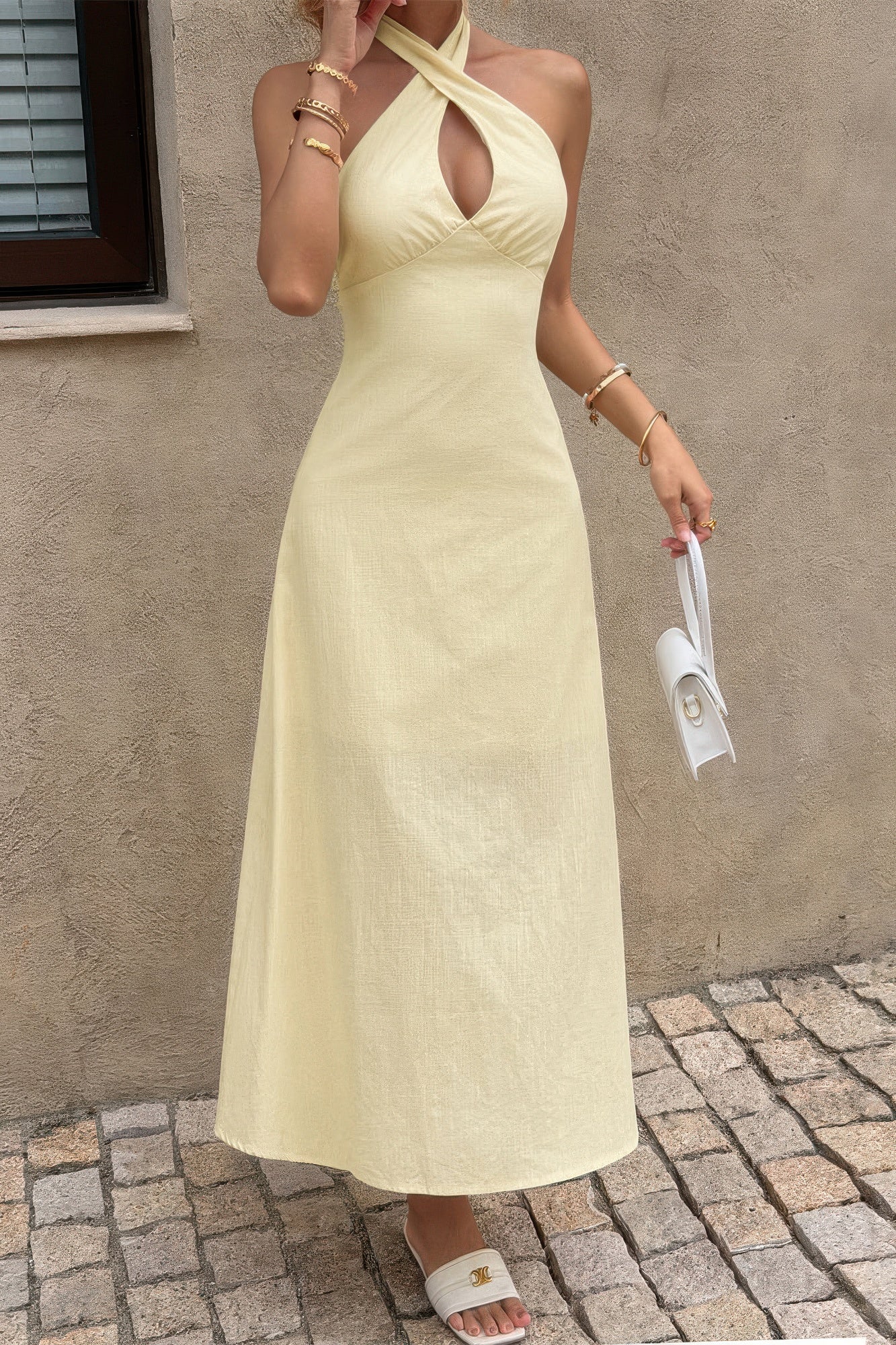 Solid Halter Cross Neck Backless Full Dress in Yellow view 3 - Solid Halter Neck Dress