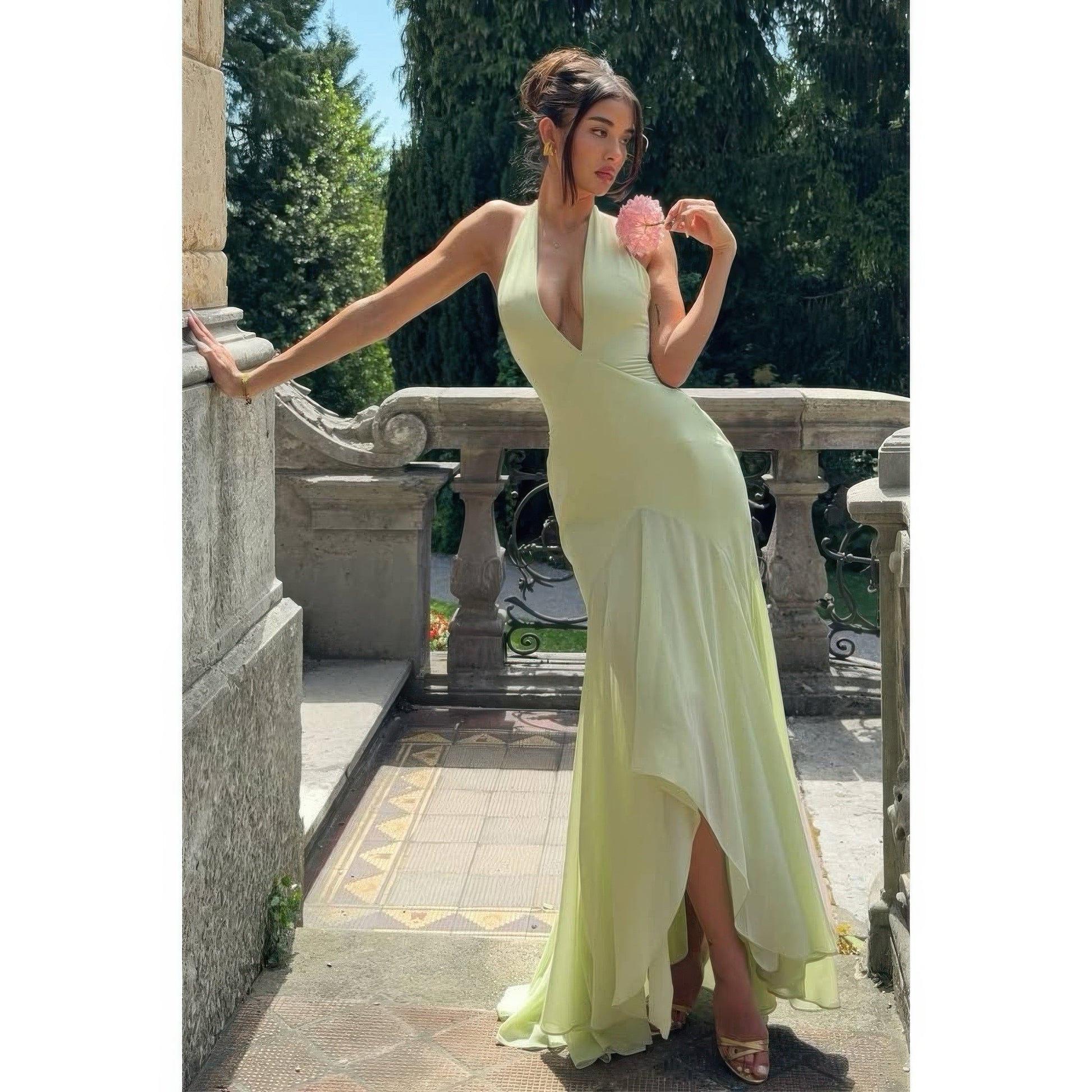 Solid Halter Deep V Backless Maxi Tulle Dress in Green - Solid Halter Neck Dress