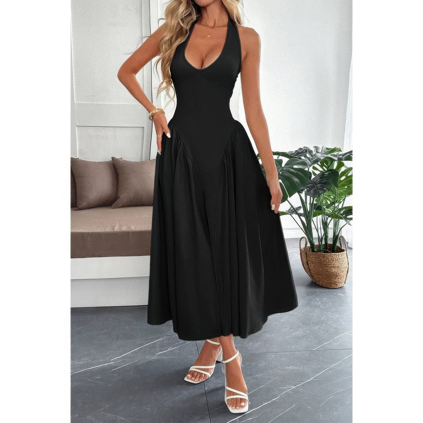 Solid Halter Hide Back Zipper Midi Sundress in Black view 5 - Solid Halter Dress