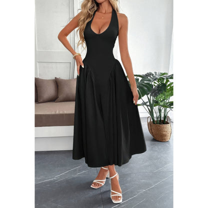 Solid Halter Hide Back Zipper Midi Sundress in Black view 5 - Solid Halter Dress