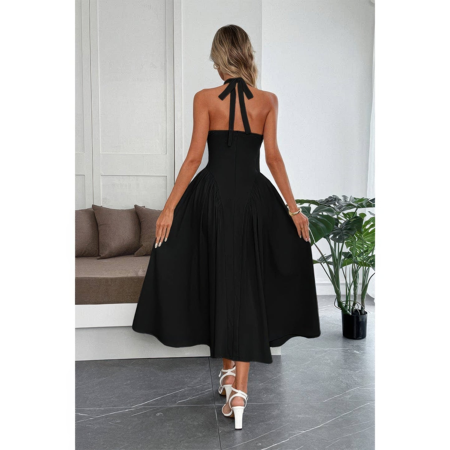 Solid Halter Hide Back Zipper Midi Sundress in Black view 6 - Solid Halter Dress