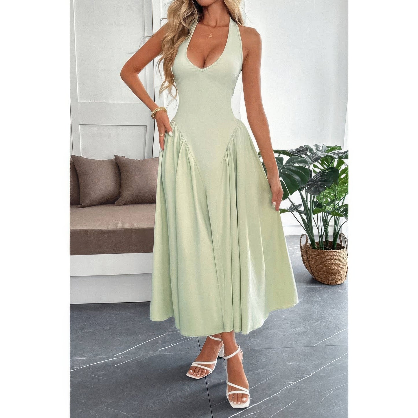 Solid Halter Hide Back Zipper Midi Sundress in Light Green - Solid Halter Dress