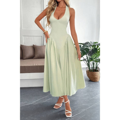 Solid Halter Hide Back Zipper Midi Sundress in Light Green - Solid Halter Dress