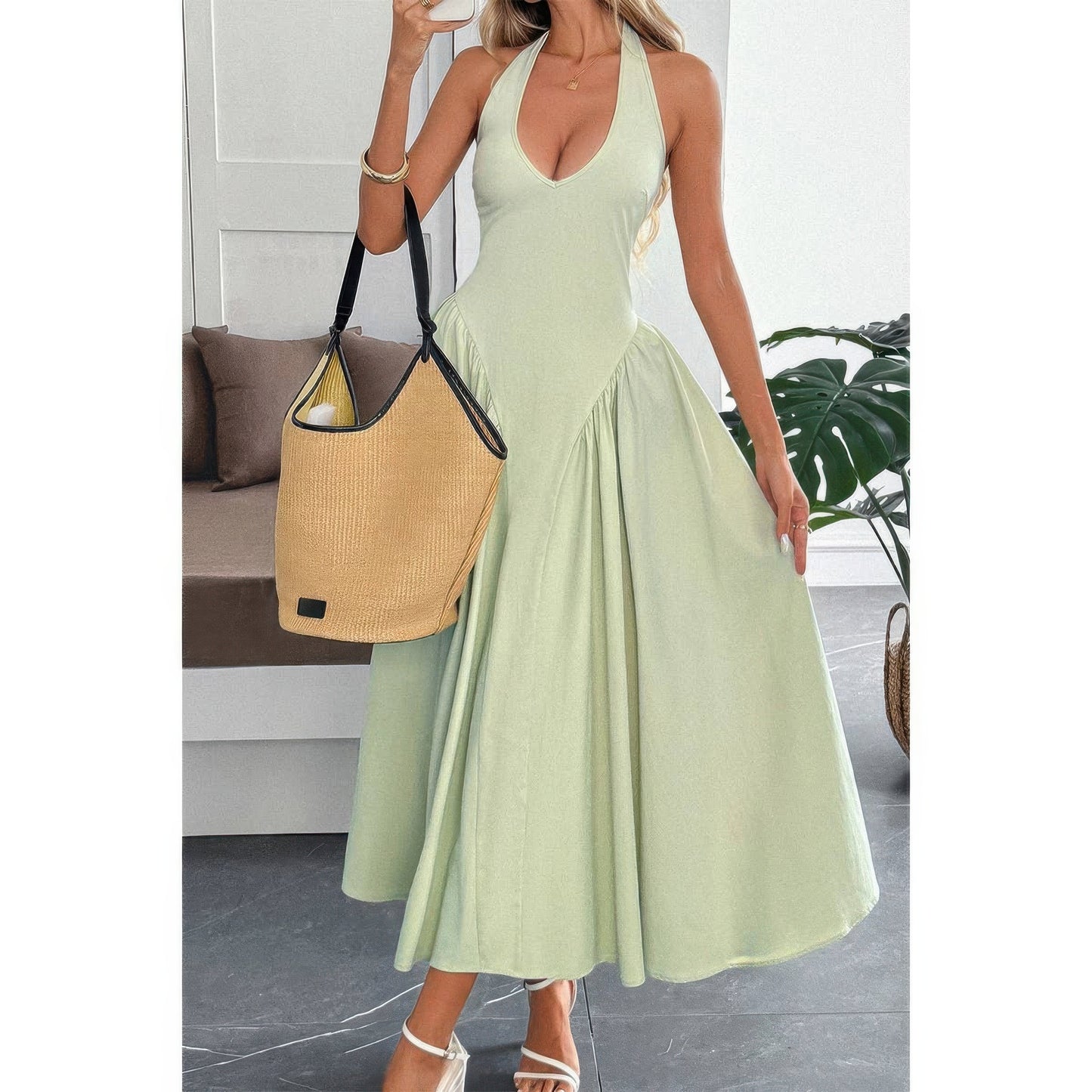 Solid Halter Hide Back Zipper Midi Sundress in Light Green view 2 - Solid Halter Dress
