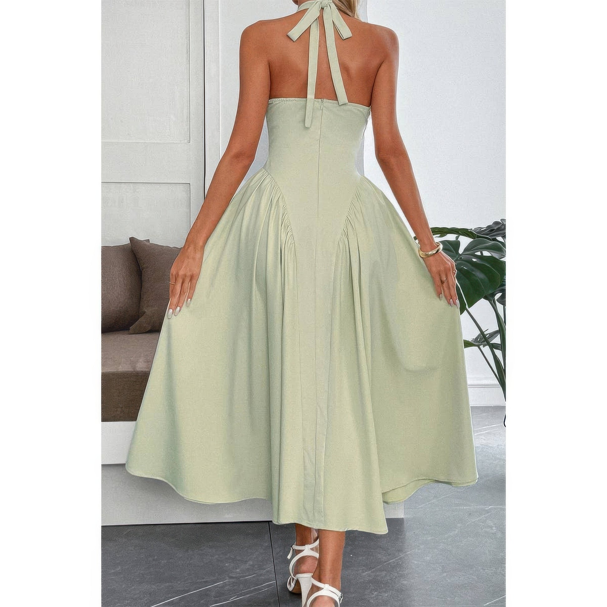 Solid Halter Hide Back Zipper Midi Sundress in Light Green view 3 - Solid Halter Dress