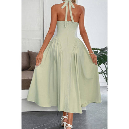 Solid Halter Hide Back Zipper Midi Sundress in Light Green view 3 - Solid Halter Dress