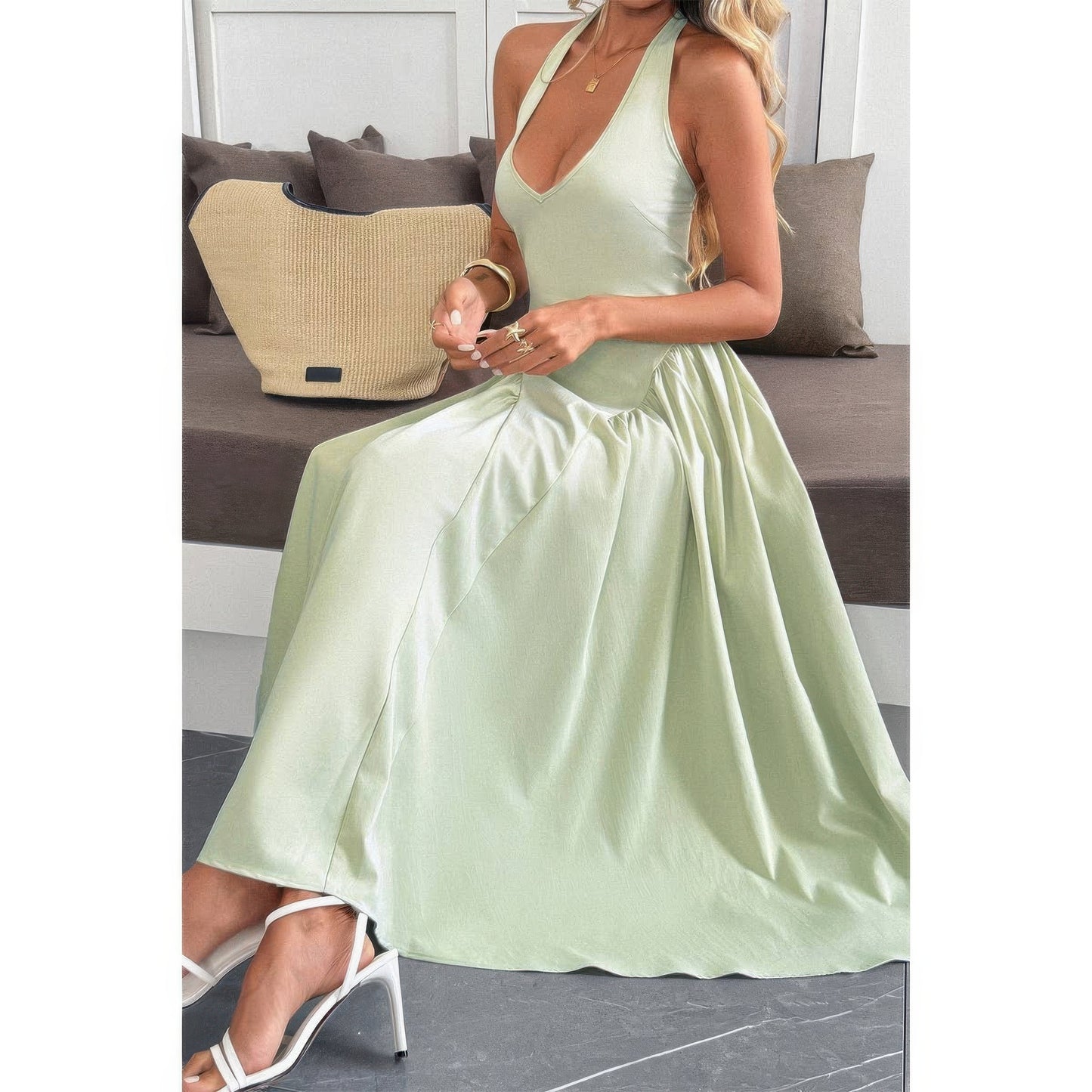 Solid Halter Hide Back Zipper Midi Sundress in Light Green view 4 - Solid Halter Dress