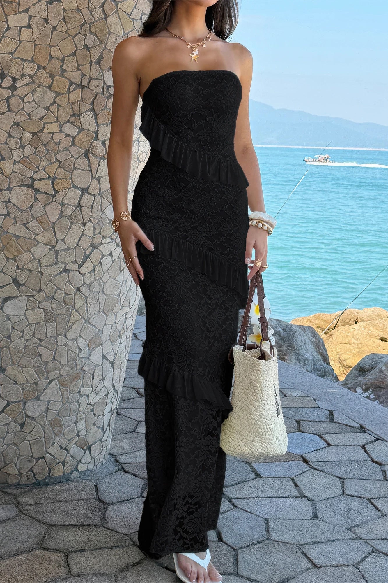 Solid Off Shoulder Bodycon Lace Maxi Dress in Black view 11 - Solid Off Shoulder Dress