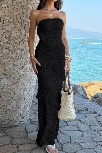 Solid Off Shoulder Bodycon Lace Maxi Dress in Black view 11 - Solid Off Shoulder Dress
