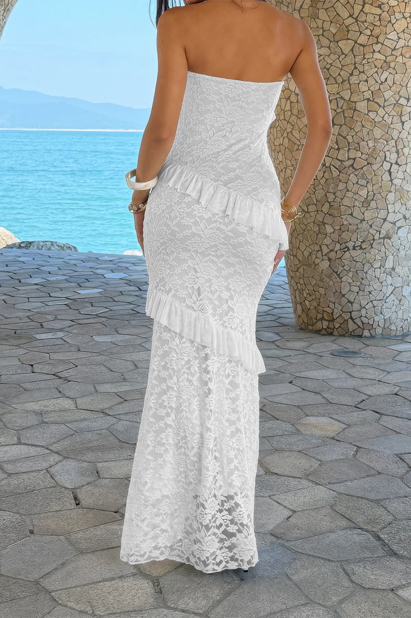 Solid Off Shoulder Bodycon Lace Maxi Dress in Pink view 5 - Solid Off Shoulder Dress