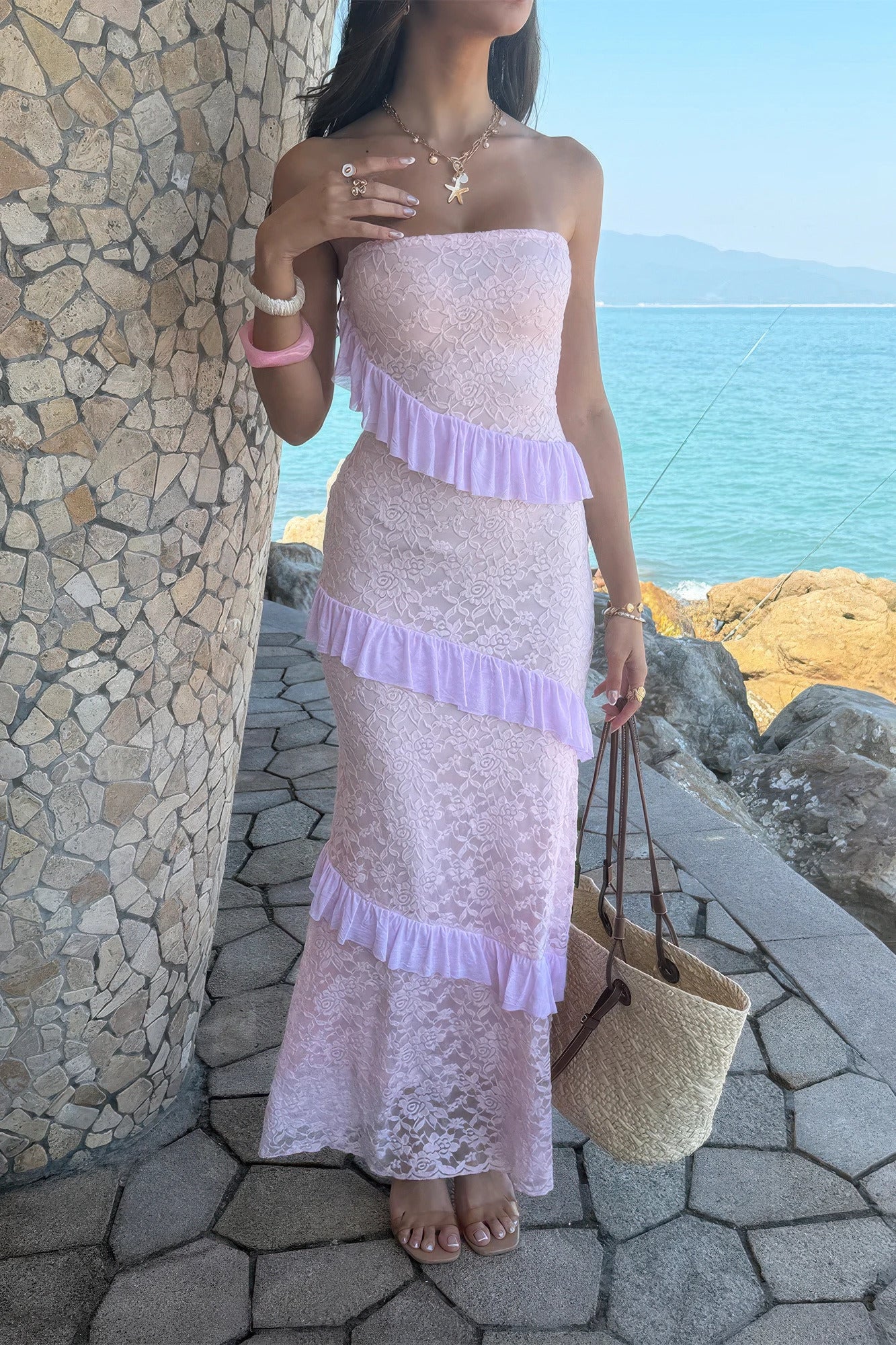Solid Off Shoulder Bodycon Lace Maxi Dress in Pink view 6 - Solid Off Shoulder Dress