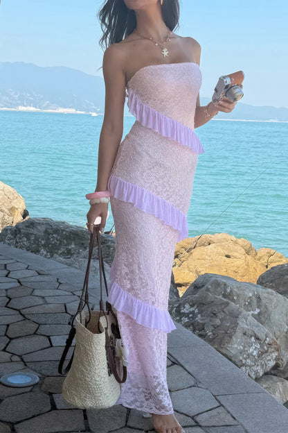 Solid Off Shoulder Bodycon Lace Maxi Dress in Pink view 8 - Solid Off Shoulder Dress