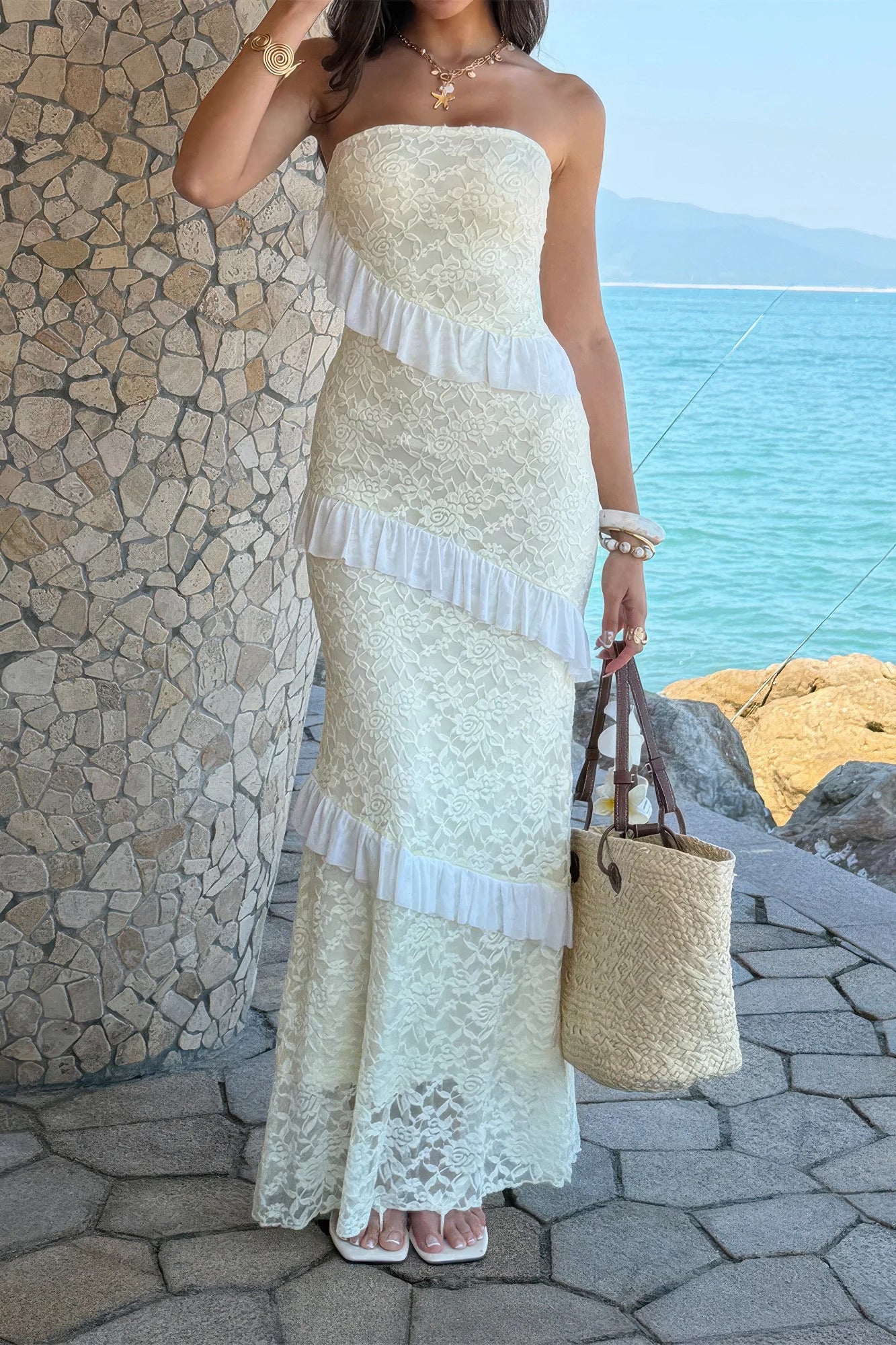 Solid Off Shoulder Bodycon Lace Maxi Dress in Yellow view 16 - Solid Off Shoulder Dress