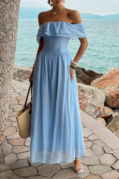 Solid Off Shoulder Corset Ruffle Long Dress in Blue - Solid Off Shoulder Dress