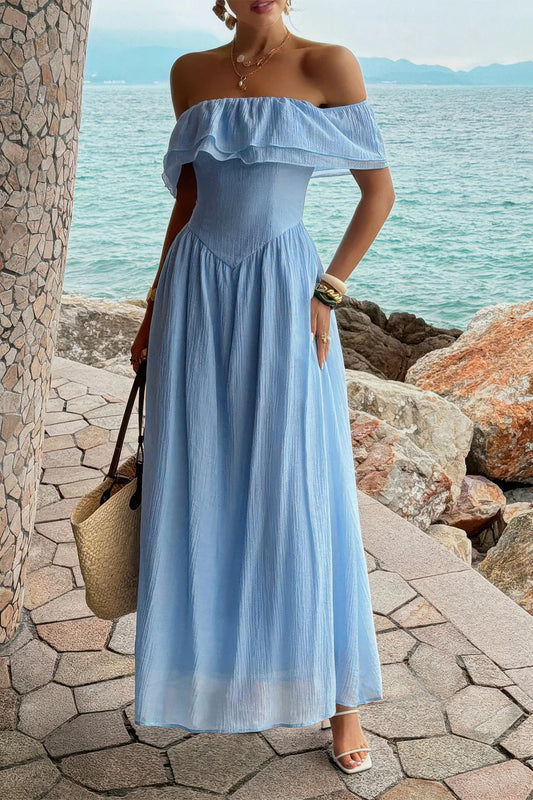 Solid Off Shoulder Corset Ruffle Long Dress in Blue - Solid Off Shoulder Dress
