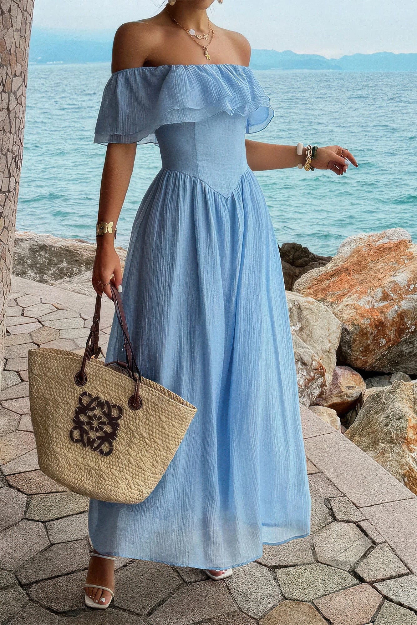 Solid Off Shoulder Corset Ruffle Long Dress in Blue view 2 - Solid Off Shoulder Dress