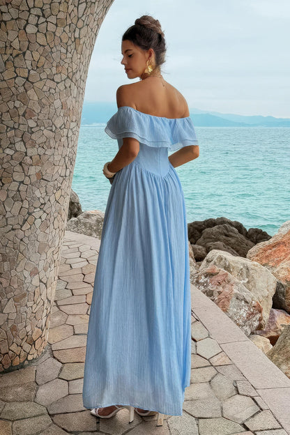 Solid Off Shoulder Corset Ruffle Long Dress in Blue view 3 - Solid Off Shoulder Dress