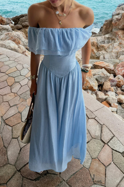 Solid Off Shoulder Corset Ruffle Long Dress in Blue view 4 - Solid Off Shoulder Dress