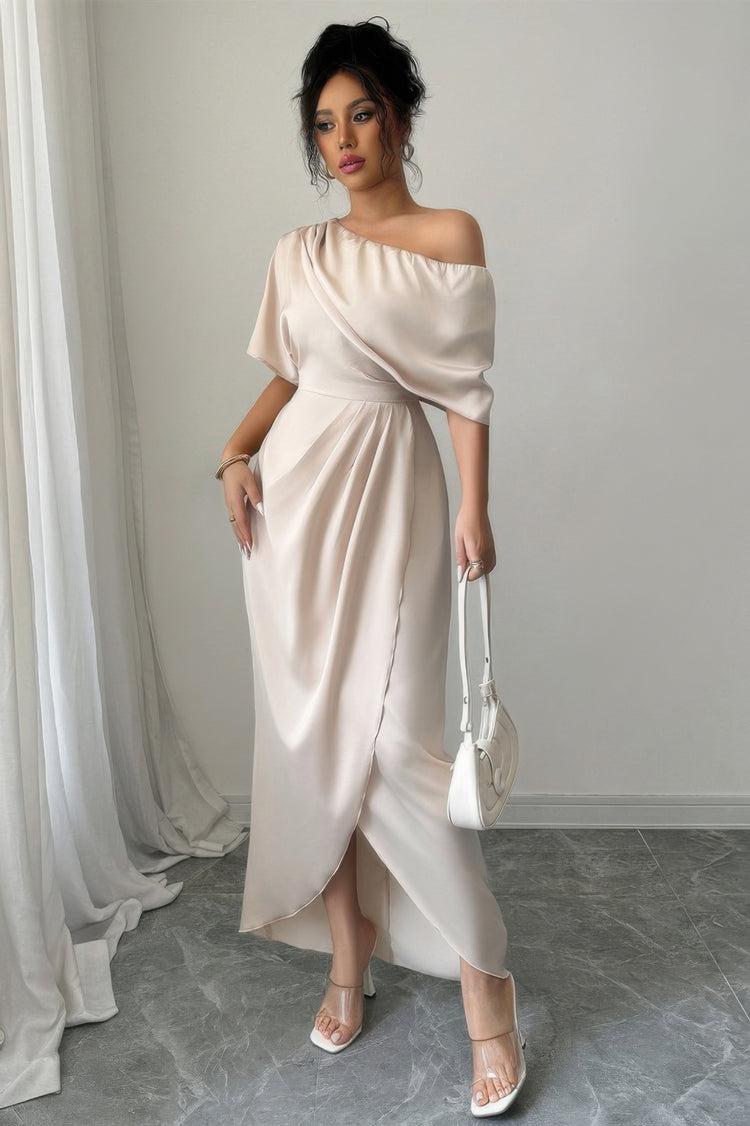 Solid One Shoulder Cross Ruched Dress Beige view 3 (dress) - solid one piece dress, solid one piece dre - shop at us.meeeshop