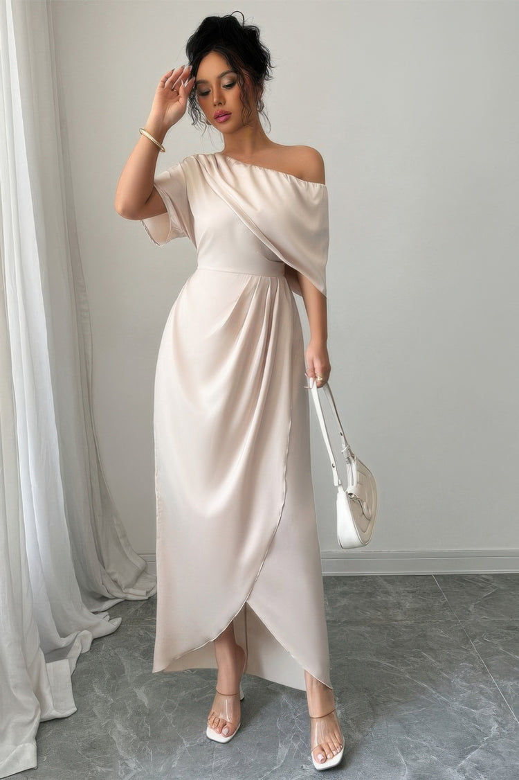 Solid One Shoulder Cross Ruched Dress Beige view 4 (dress) - solid one piece dress, solid one piece dre - shop at us.meeeshop
