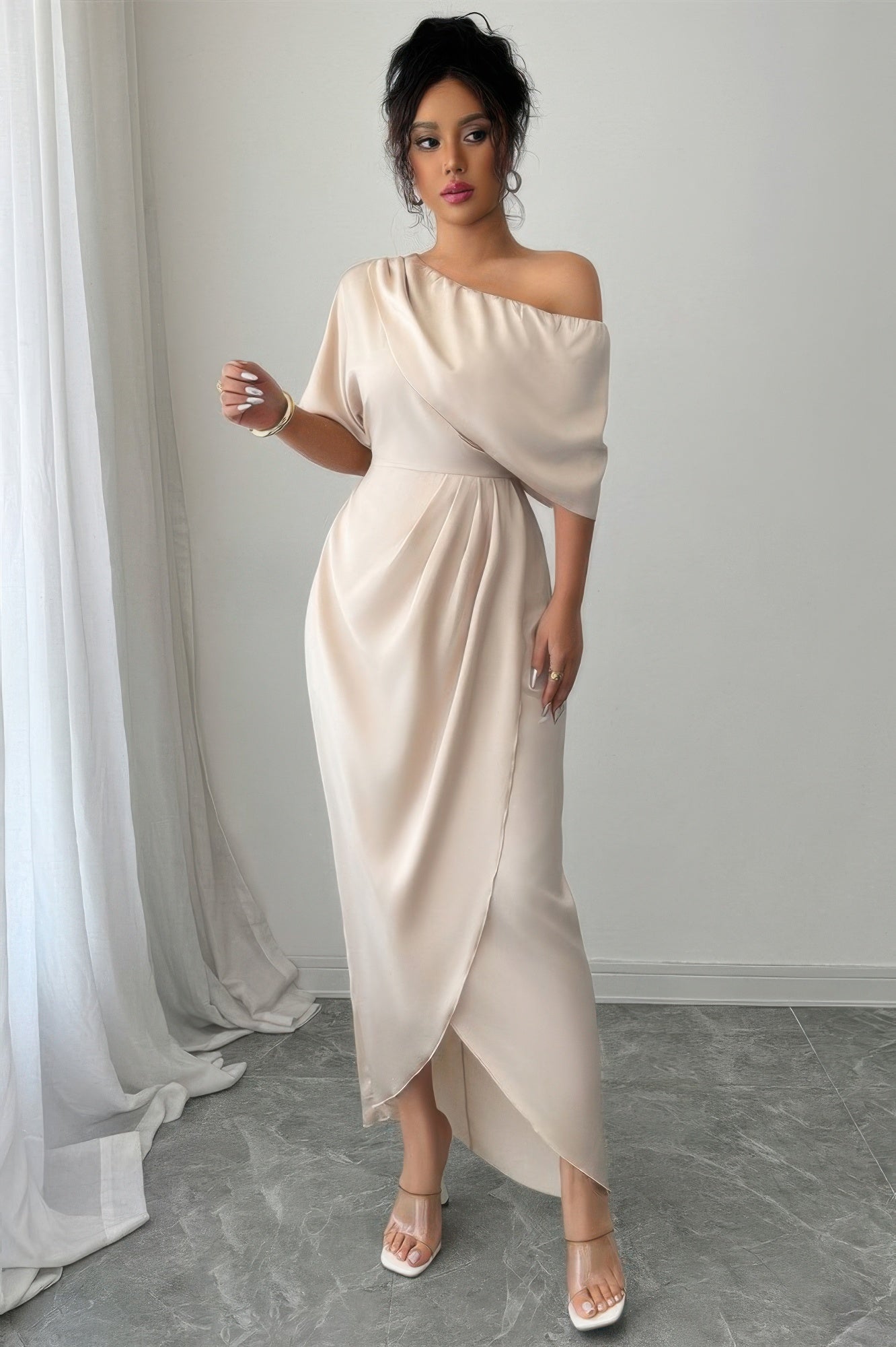 Solid One Shoulder Cross Ruched Dress in Beige - Solid One Piece Dress