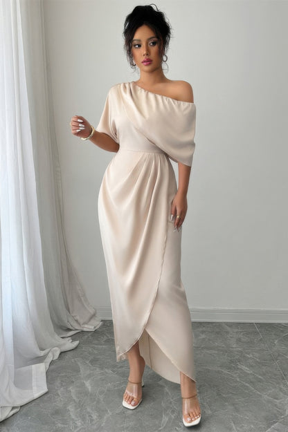 Solid One Shoulder Cross Ruched Dress in Beige - Solid One Piece Dress
