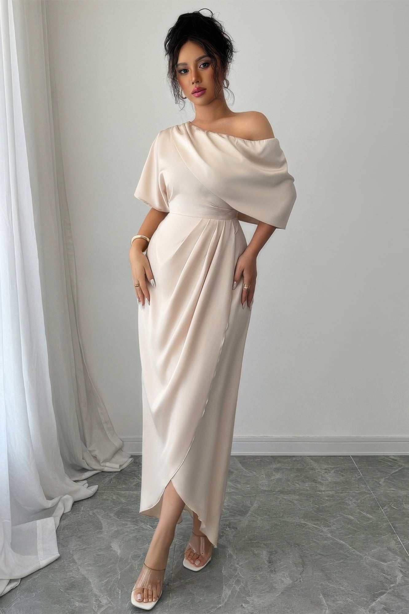 Solid One Shoulder Cross Ruched Dress in Beige view 2 - Solid One Piece Dress