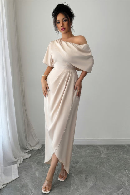 Solid One Shoulder Cross Ruched Dress in Beige view 2 - Solid One Piece Dress