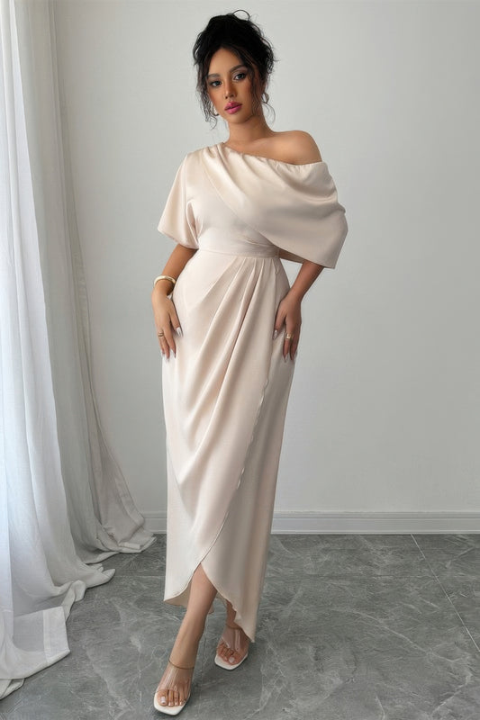Solid One Shoulder Cross Ruched Dress in Beige view 2 - Solid One Piece Dress