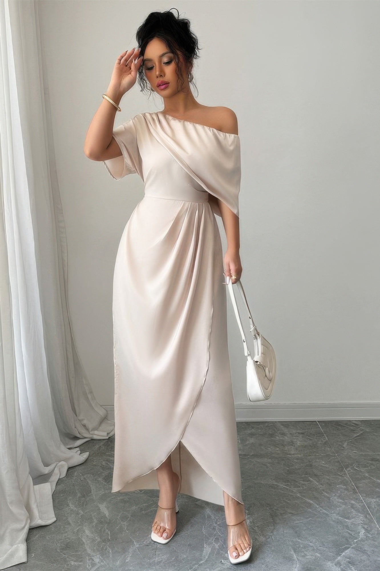 Solid One Shoulder Cross Ruched Dress in Beige view 4 - Solid One Piece Dress