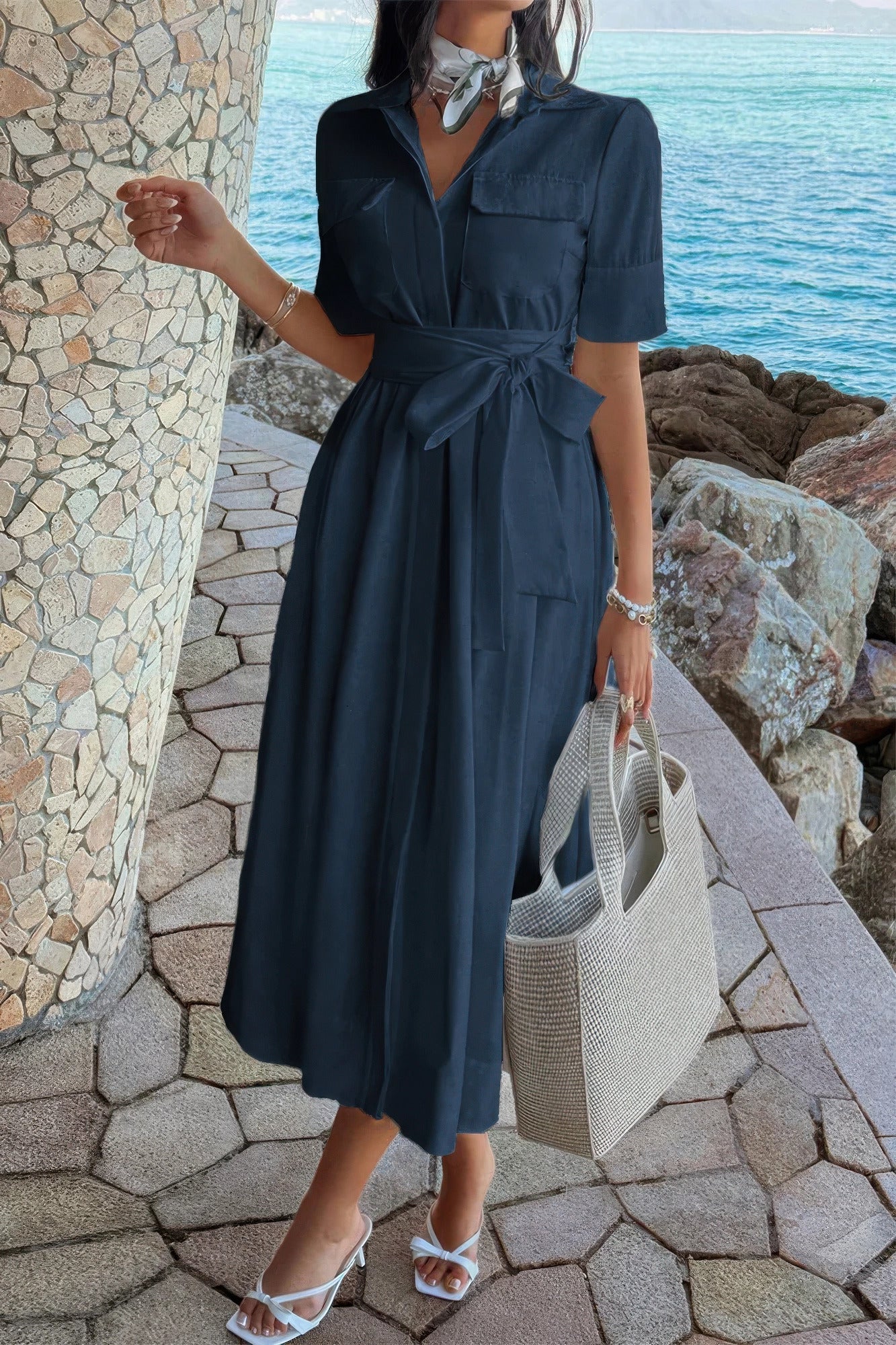 Solid Pocket Turn Down Collar a Line Dress in Navy - Solid Color Pocket Lounge Dress