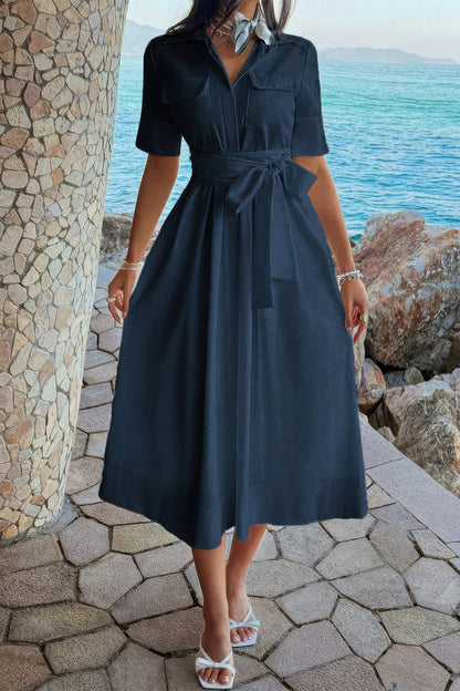 Solid Pocket Turn Down Collar a Line Dress in Navy view 3 - Solid Color Pocket Lounge Dress