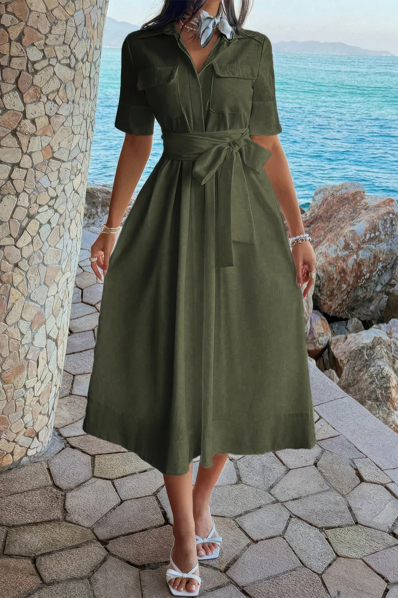 Solid Pocket Turn Down Collar a Line Dress in Olive view 11 - Solid Color Pocket Lounge Dress