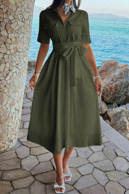 Solid Pocket Turn Down Collar a Line Dress in Olive view 11 - Solid Color Pocket Lounge Dress