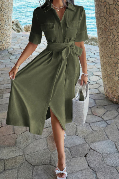 Solid Pocket Turn Down Collar a Line Dress in Olive view 12 - Solid Color Pocket Lounge Dress