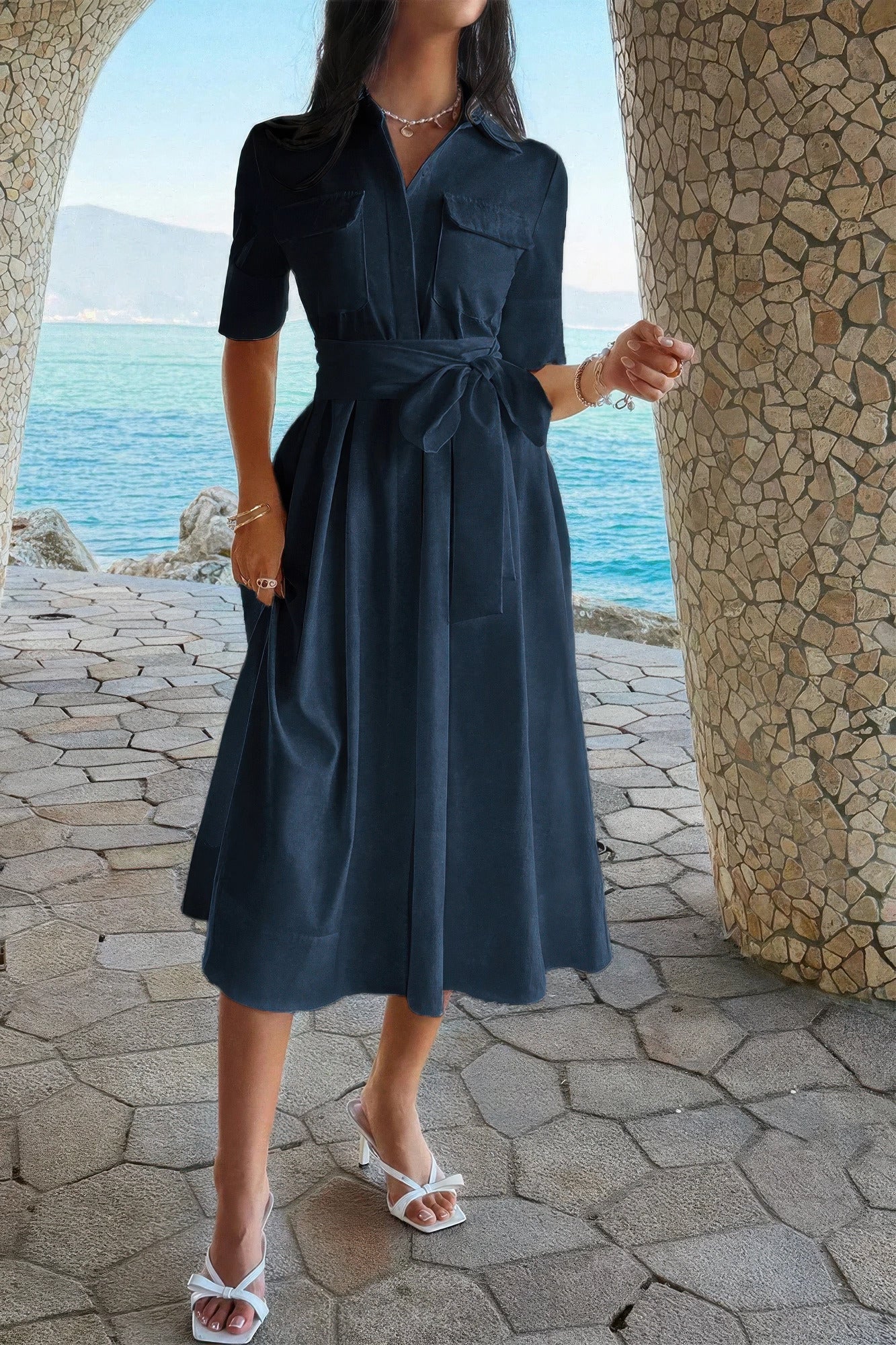 Solid Pocket Turn Down Collar a Line Dress in White view 5 - Solid Color Pocket Lounge Dress
