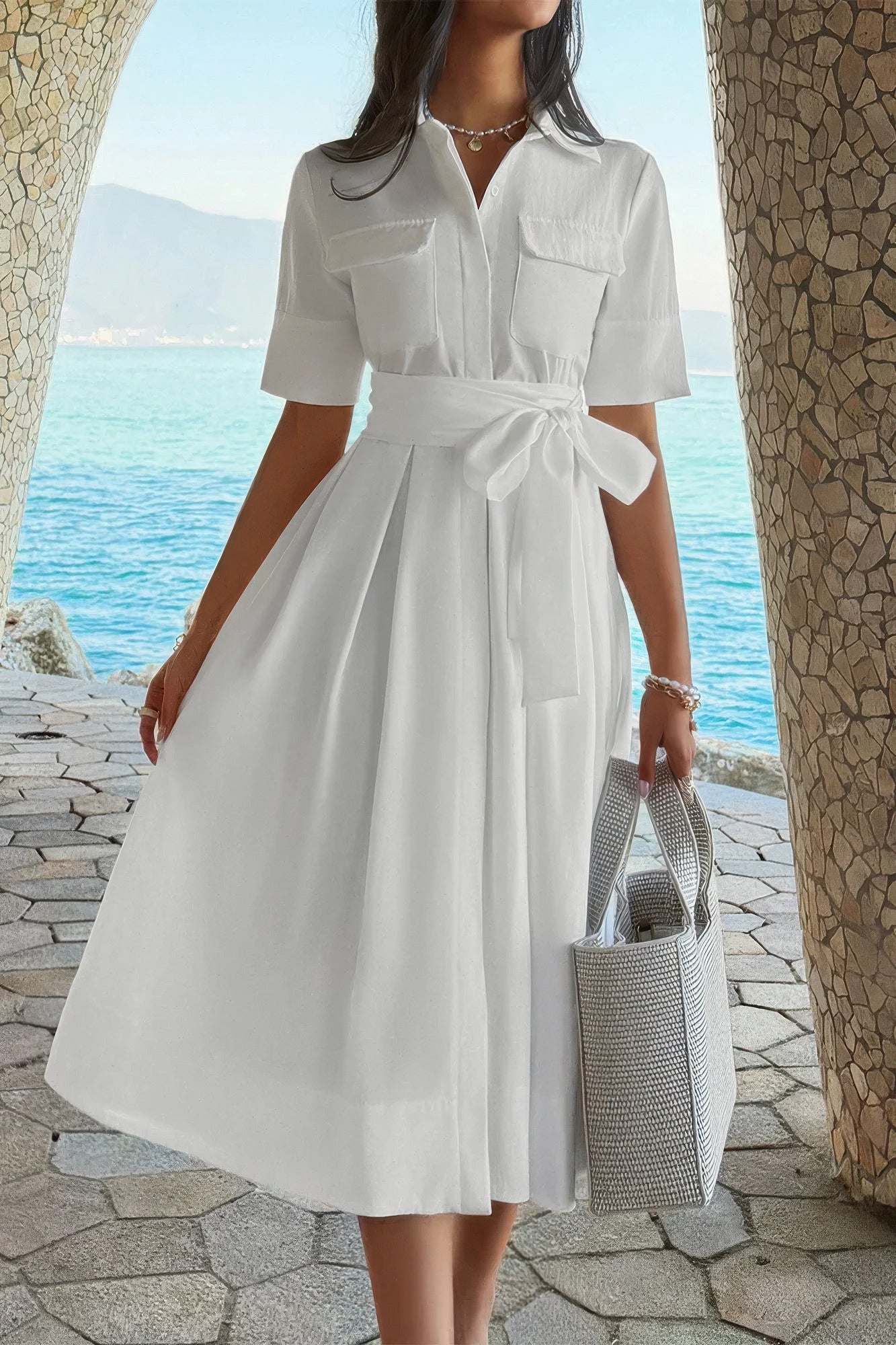 Solid Pocket Turn Down Collar a Line Dress in White view 8 - Solid Color Pocket Lounge Dress