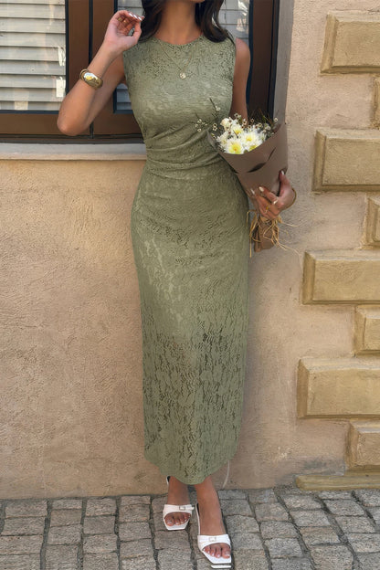 Solid Refined Cocktail Party Lace Midi Ruched Waist Dress in Green view 10 - Solid Elegant Dress