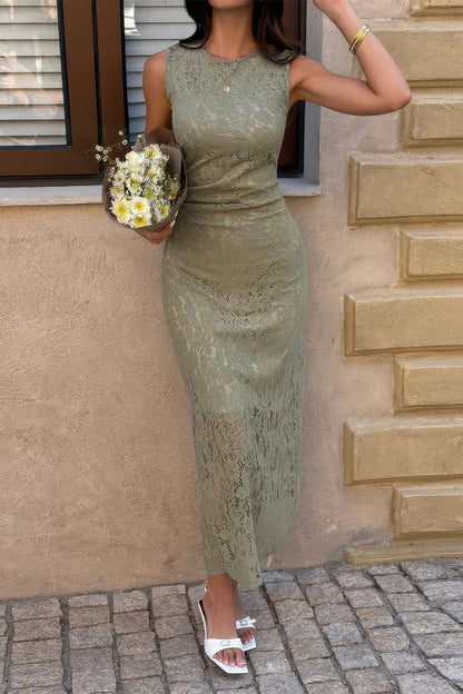 Solid Refined Cocktail Party Lace Midi Ruched Waist Dress in Green view 12 - Solid Elegant Dress
