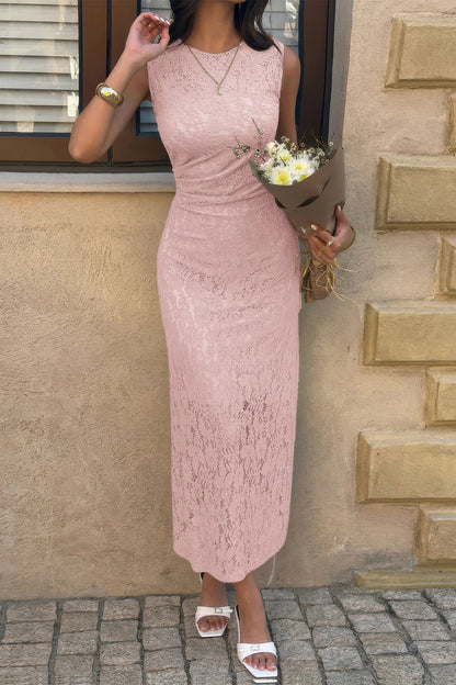 Solid Refined Cocktail Party Lace Midi Ruched Waist Dress in Pink view 4 - Solid Elegant Dress