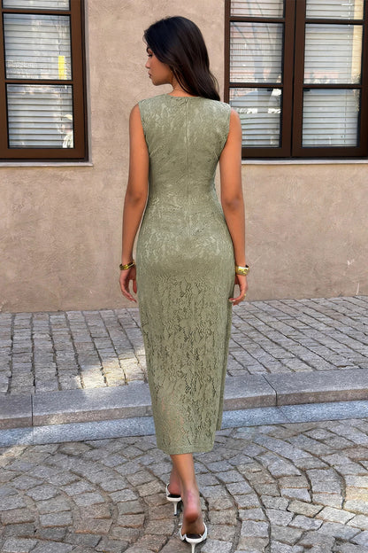 Solid Refined Cocktail Party Lace Midi Ruched Waist Dress - MeeeShop Women's Fashion