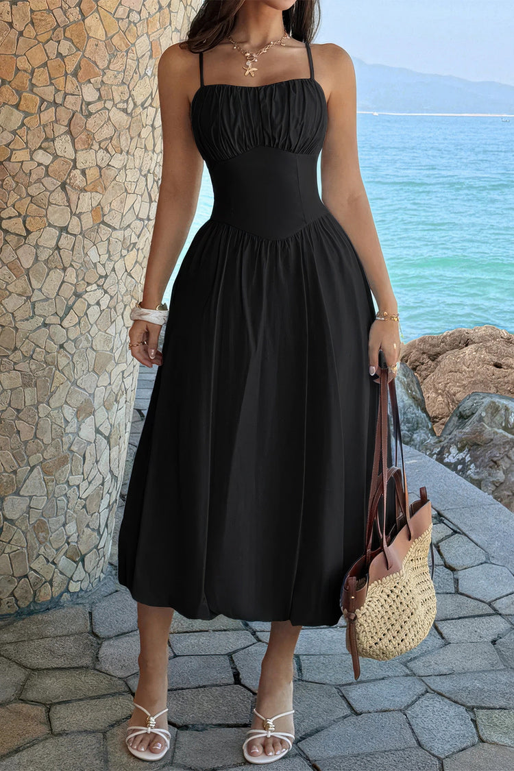 Solid Sleeveless Ruched Bust a Line Dress Black (dress) - solid sleeveless dress with built in shapewea - shop at us.meeeshop