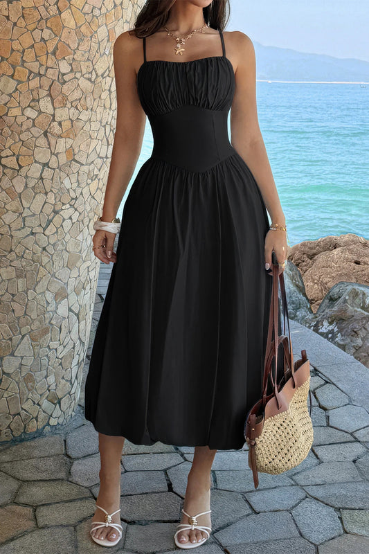 Solid Sleeveless Ruched Bust a Line Dress in Black - Jednobojne