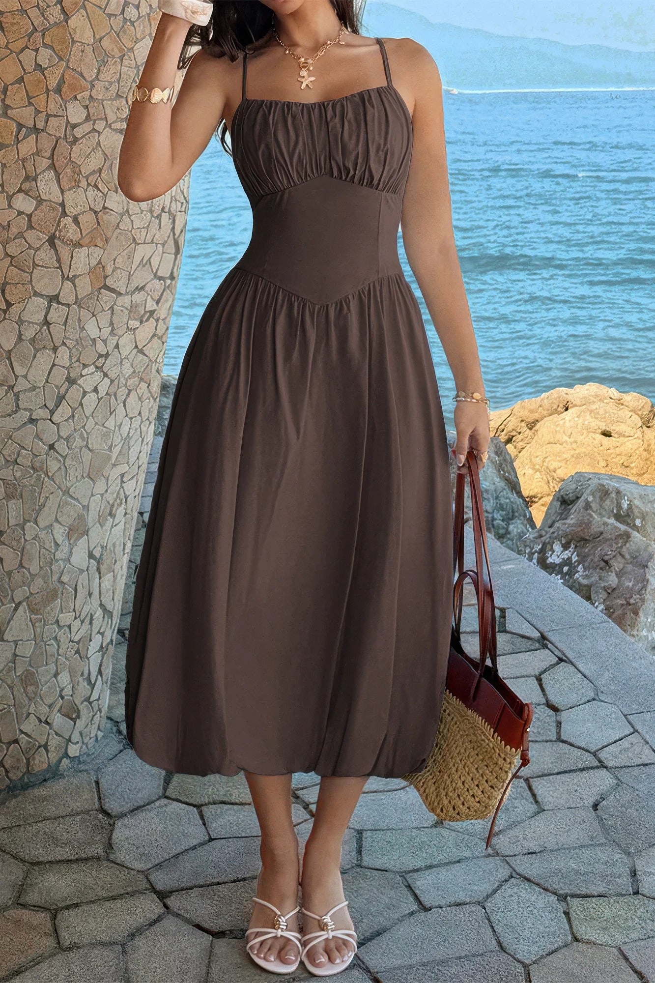 Solid Sleeveless Ruched Bust a Line Dress in Blue view 8 - Jednobojne