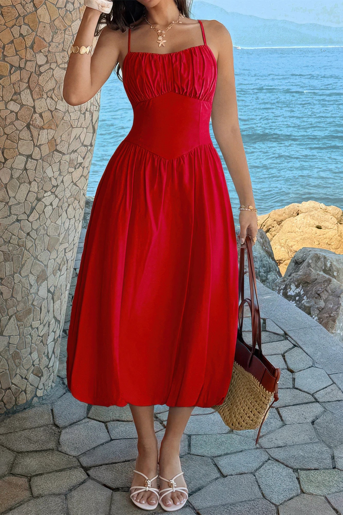 Solid Sleeveless Ruched Bust a Line Dress in Brown view 12 - Jednobojne
